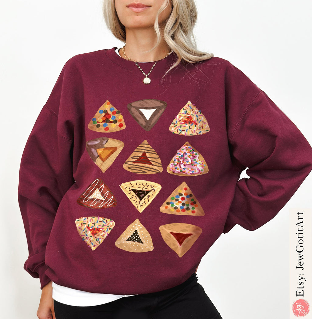 Purim Hamantaschen Sweatshirt T-Shirt Sweater Purim Costume Unique Gift Israeli Artist Jewish Holiday Am Yisrael Chai Design Purim Gift Idea