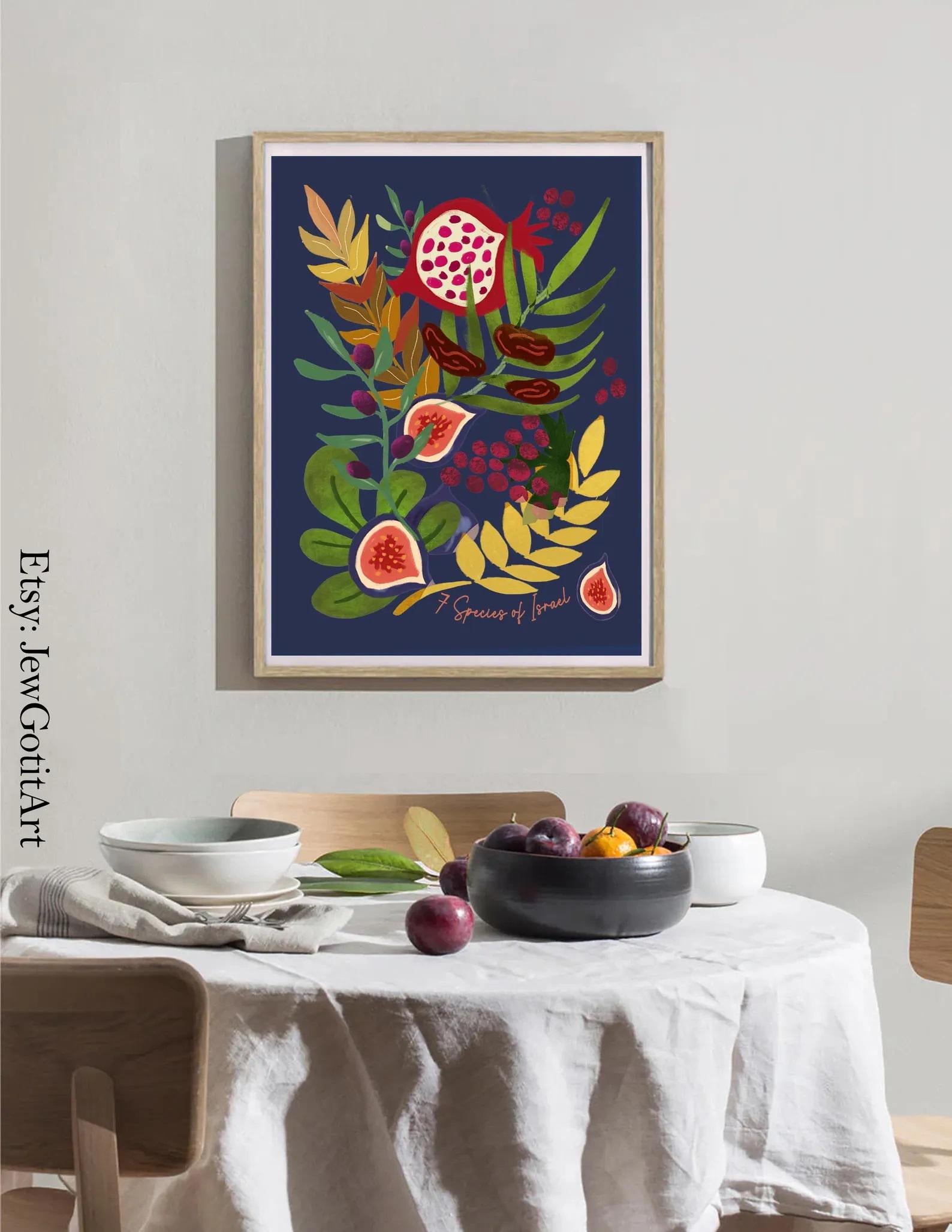 7 Species Israel Art Poster Matte Jewish Gift Israeli Artist Pomegranate Grapes Colorful Wall Decor Jewish Art Fruit Art Am Yisrael Chai