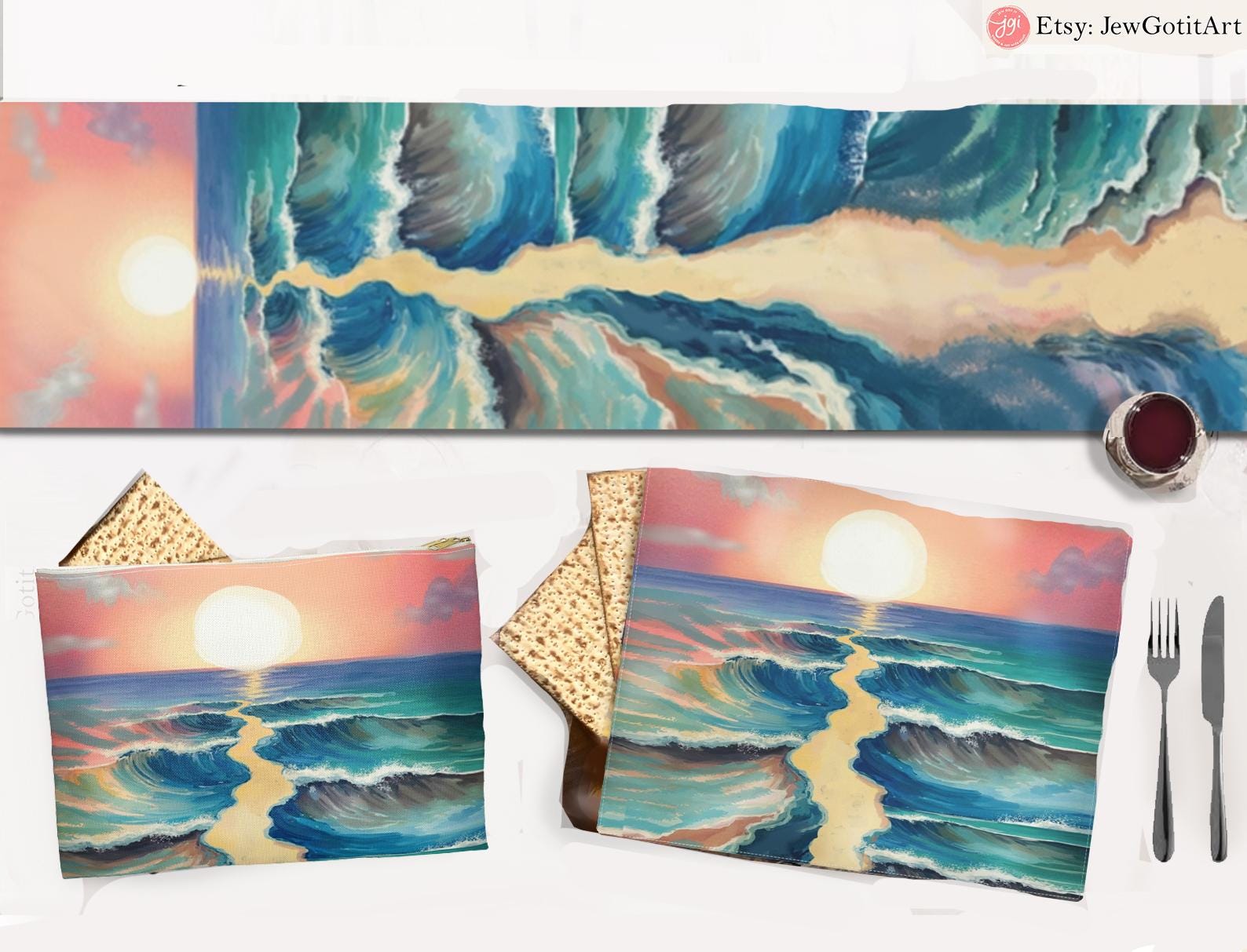 Passover Matzah Cover Splitting of the Sea Set & Afikomen Set Israel Table Runner Jewish Art Gift Pesach Table Decor Seder Table Red Sea Art