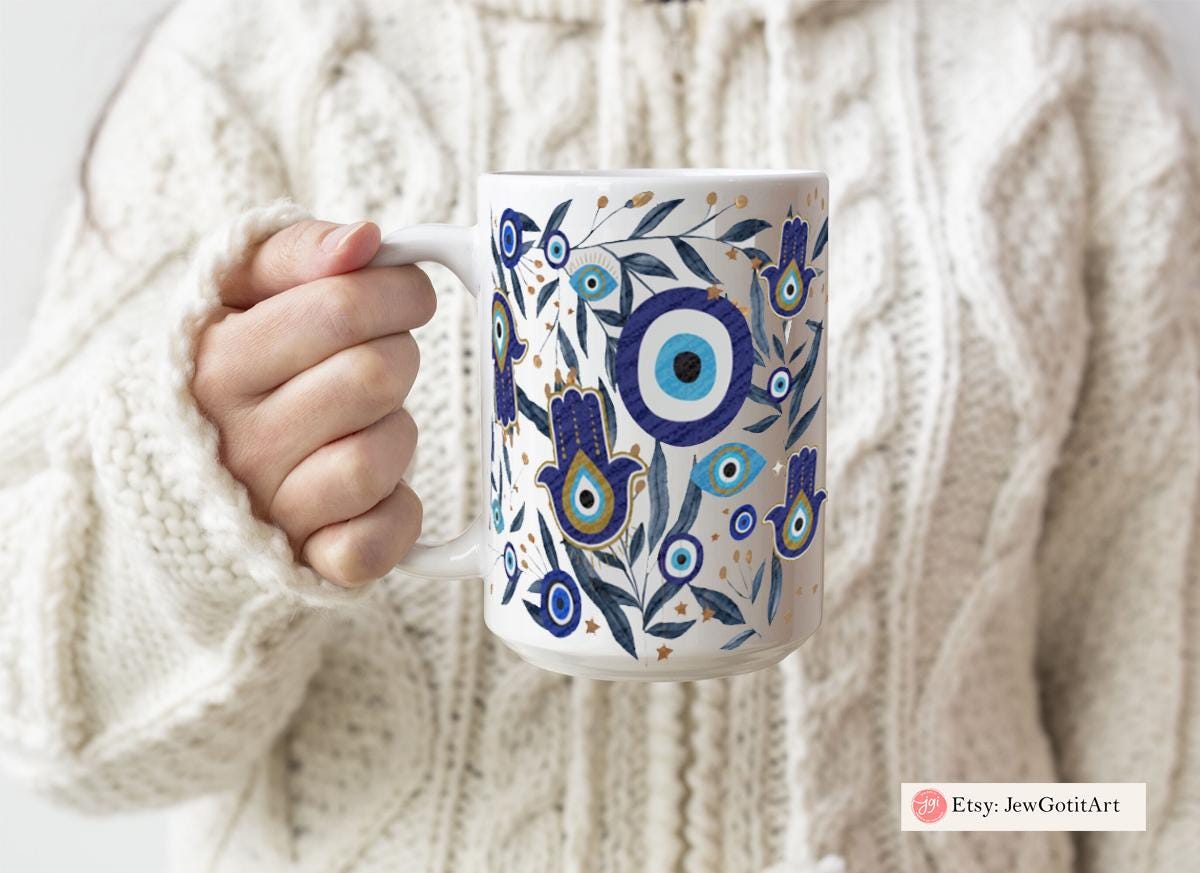 Evil Eye Hamsa Mug 11oz 15oz Am Yisrael Chai, jewish art coffee cup Ceramic Mug Israel jewish gift Rosh Hashanah Gift Israeli Eyes Art