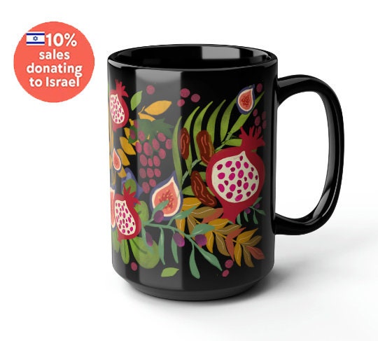 7 Fruits of Israel Black Mug 7 Species of Israel Mug, tea cup coffee Ceramic Mug 11oz 15oz work mug morning mug Jewish gift israeli Artist