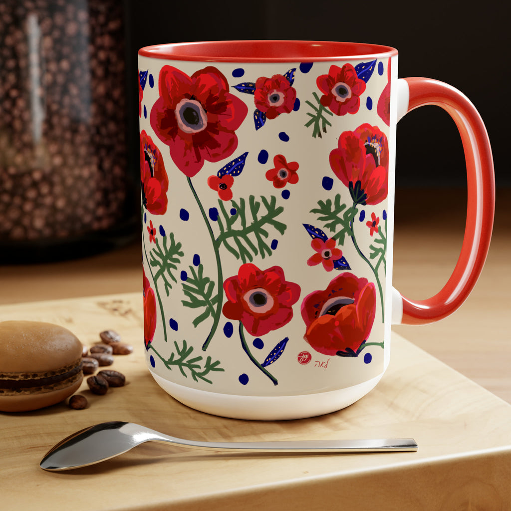 Flower of Israel Mug, Kalanit tea cup coffee Ceramic Mug 11oz 15oz work morning mug Jewish gift israeli Artist Red flowers Israeli Artist
