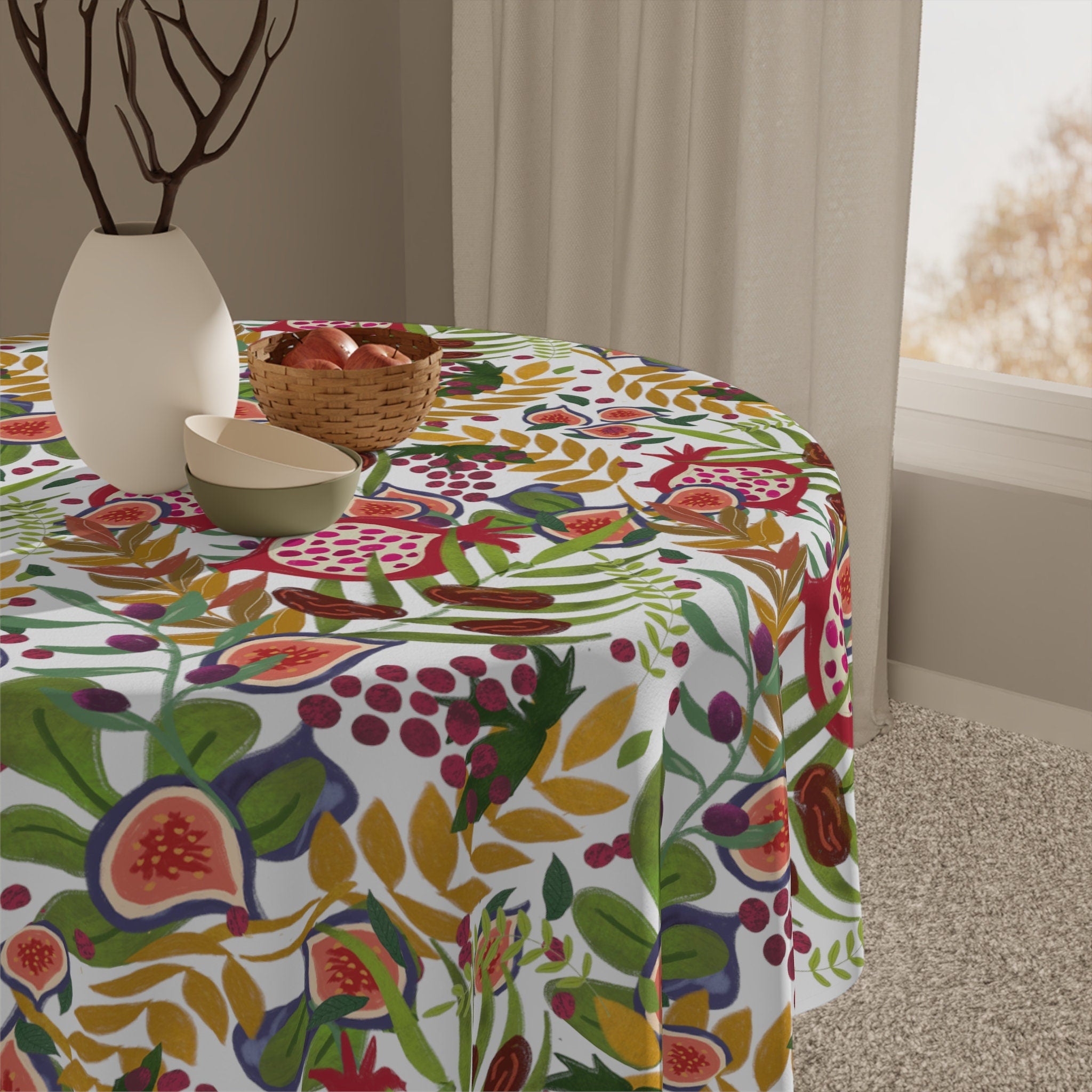 7 Species of Israel Tablecloth, table cloth square, Fruit art Home decor, Shabbat shalom Israel art, small table cloth Pomegranate gifts