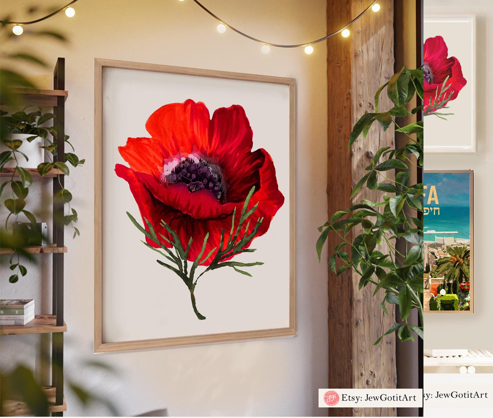 Kalanit Flower Wall Art Israel National Flower Jewish Gift Print Am Yisrael Chai Red poppy Red flower Jewish Gift Israel Art Am Yisrael Chai