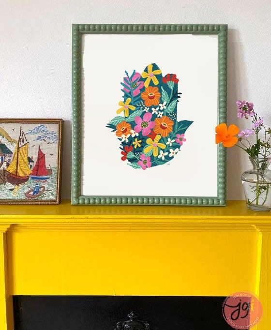 Hamsa Wall Art Poster Print Jewish Israel Art gift Hand drawn Israel poster Prints Hebrew gift Am Yisrael Chai gifts arts Flower art flowers
