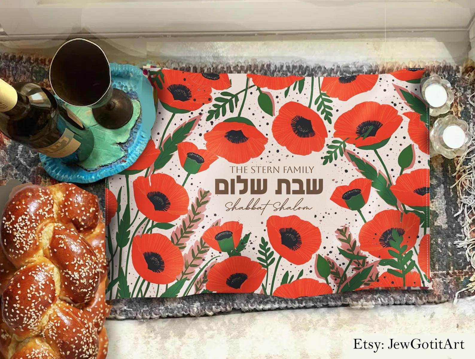 Personalized Shabbat Challah Cover Kalanit Red Poppy Flower Design Custom Jewish Gift Shabbat Shalom Israel Table Decor Judaica Jewish Gift