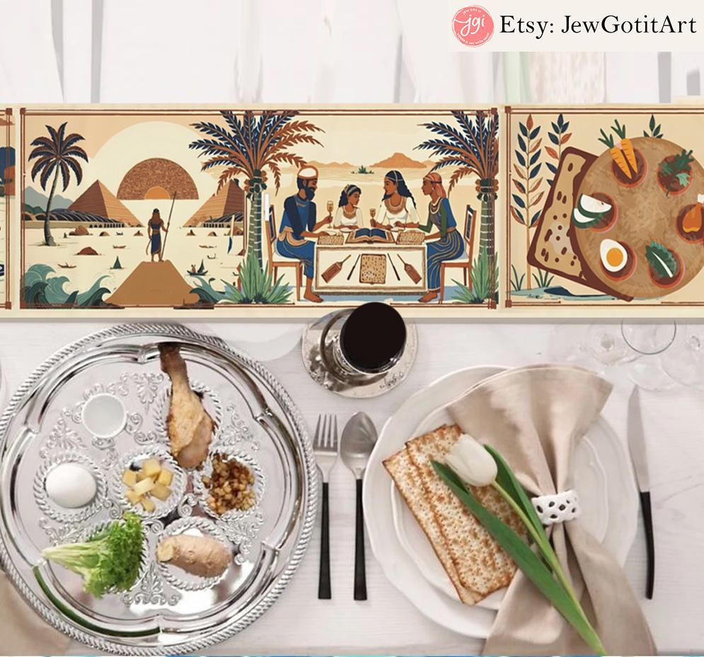 Passover Story Towel Table Runner Egyptian Hieroglyphs Matzah Cover Afikomen Set Seder Table Decor with Ancient Egyptian Art Pesach Gifts
