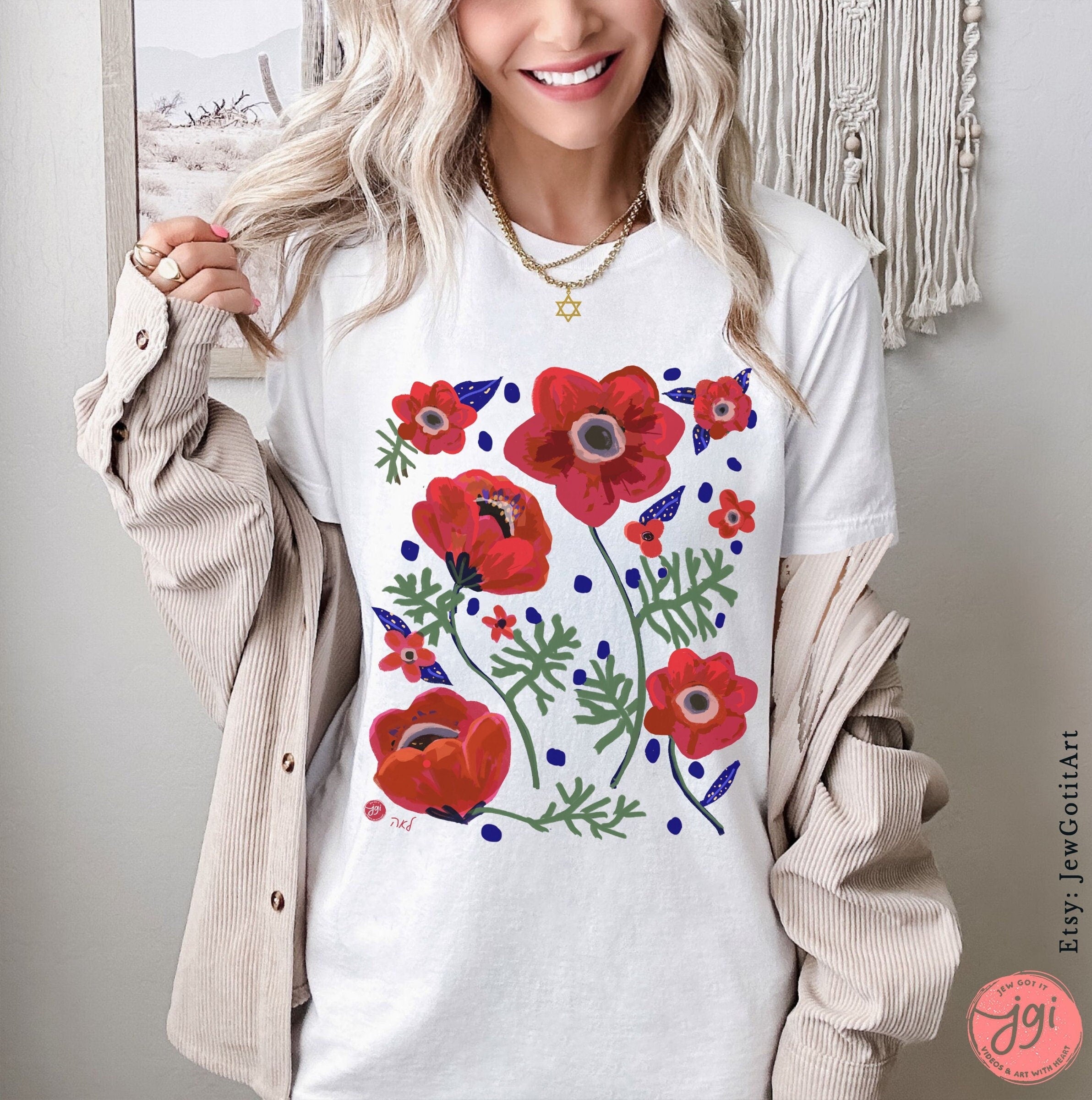 Kalanit Israel's National Flower Shirt Flowers TShirt Unisex Heavy Cotton Tee Red poppy art Women shirt gift gifts Israeli Artist Sweatshirt