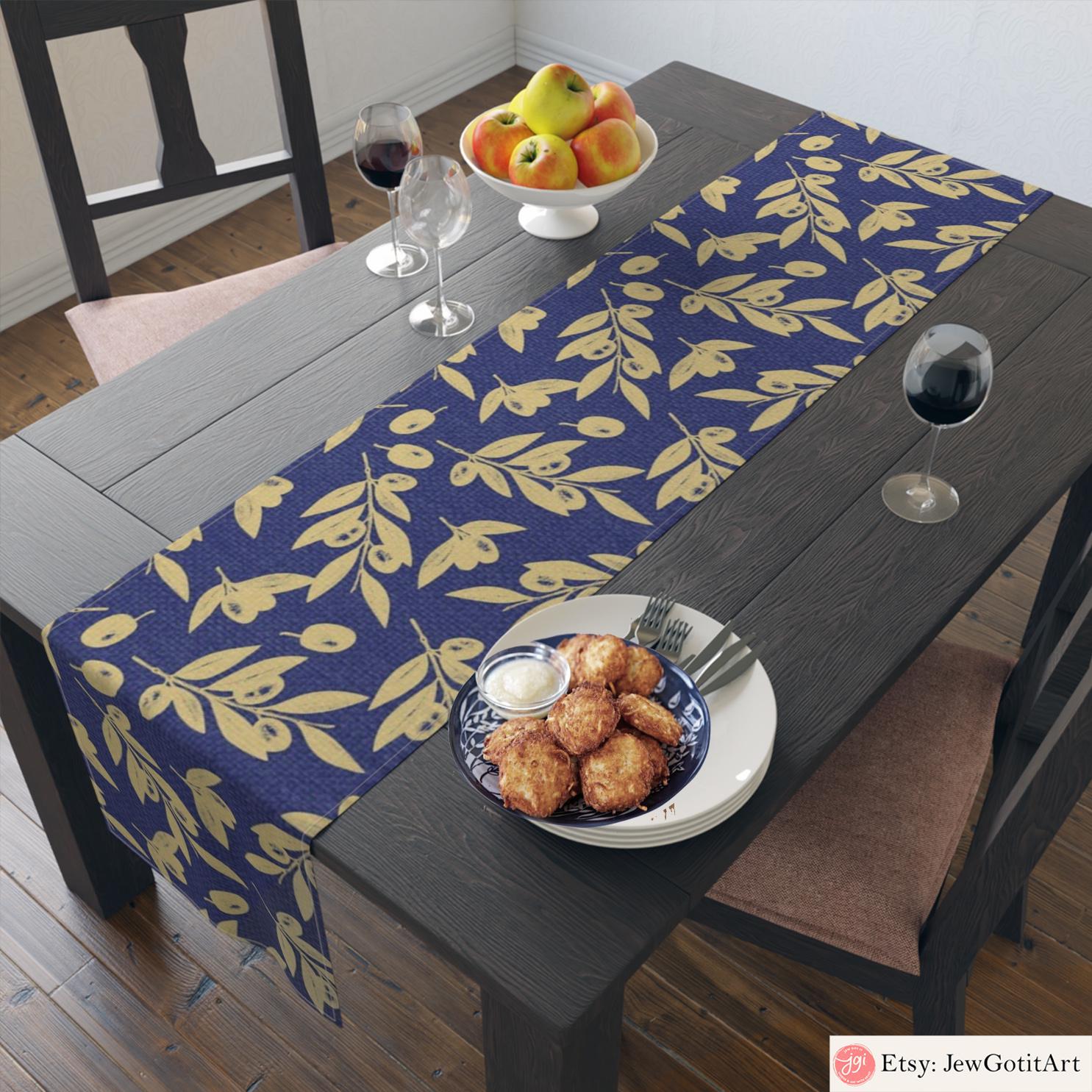 Hanukkah Table Runner, Olives Olive oil Jewish gifts Jewish holiday Israel Am Yisrael Chai jewish art table decor, custom personalized gift