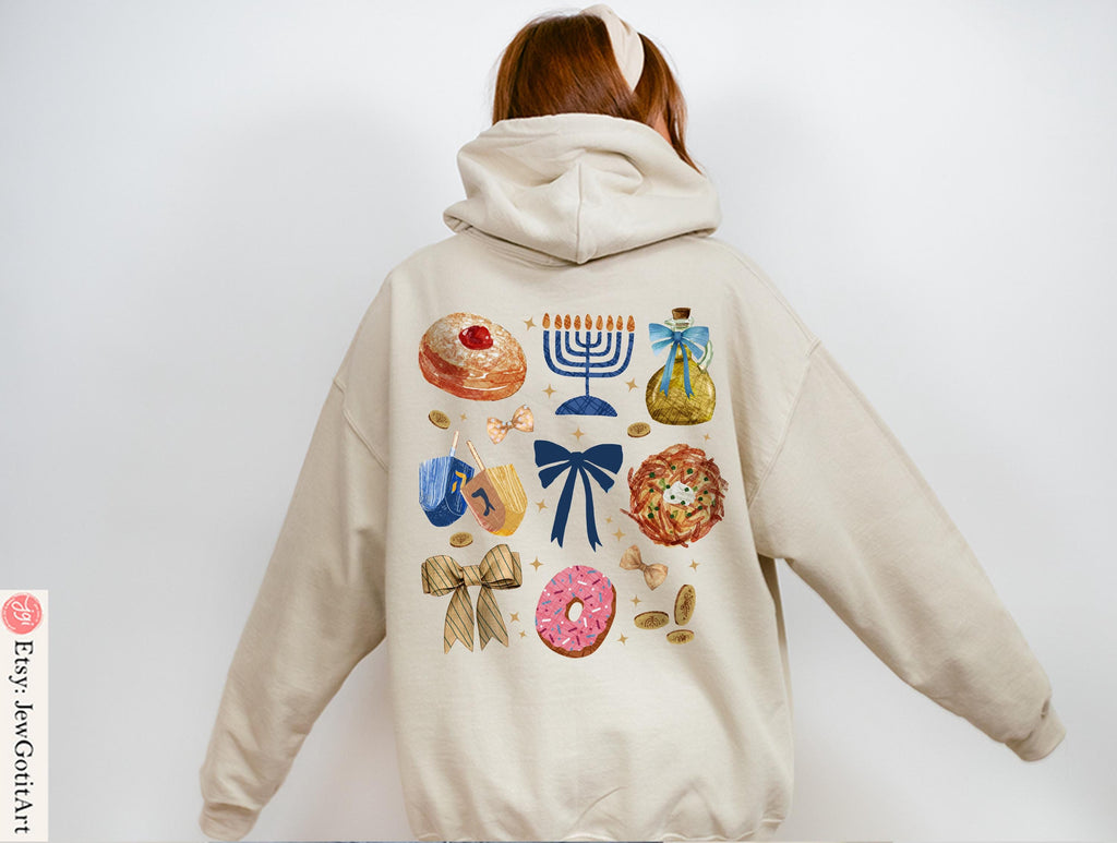Menorah Hanukkah Hoodie Unisex Jewish Gift - Coquette Bows Sweatshirt T-Shirt by Israeli Artist - Chanukah חנוכה Latke Hooded Sweatshirt