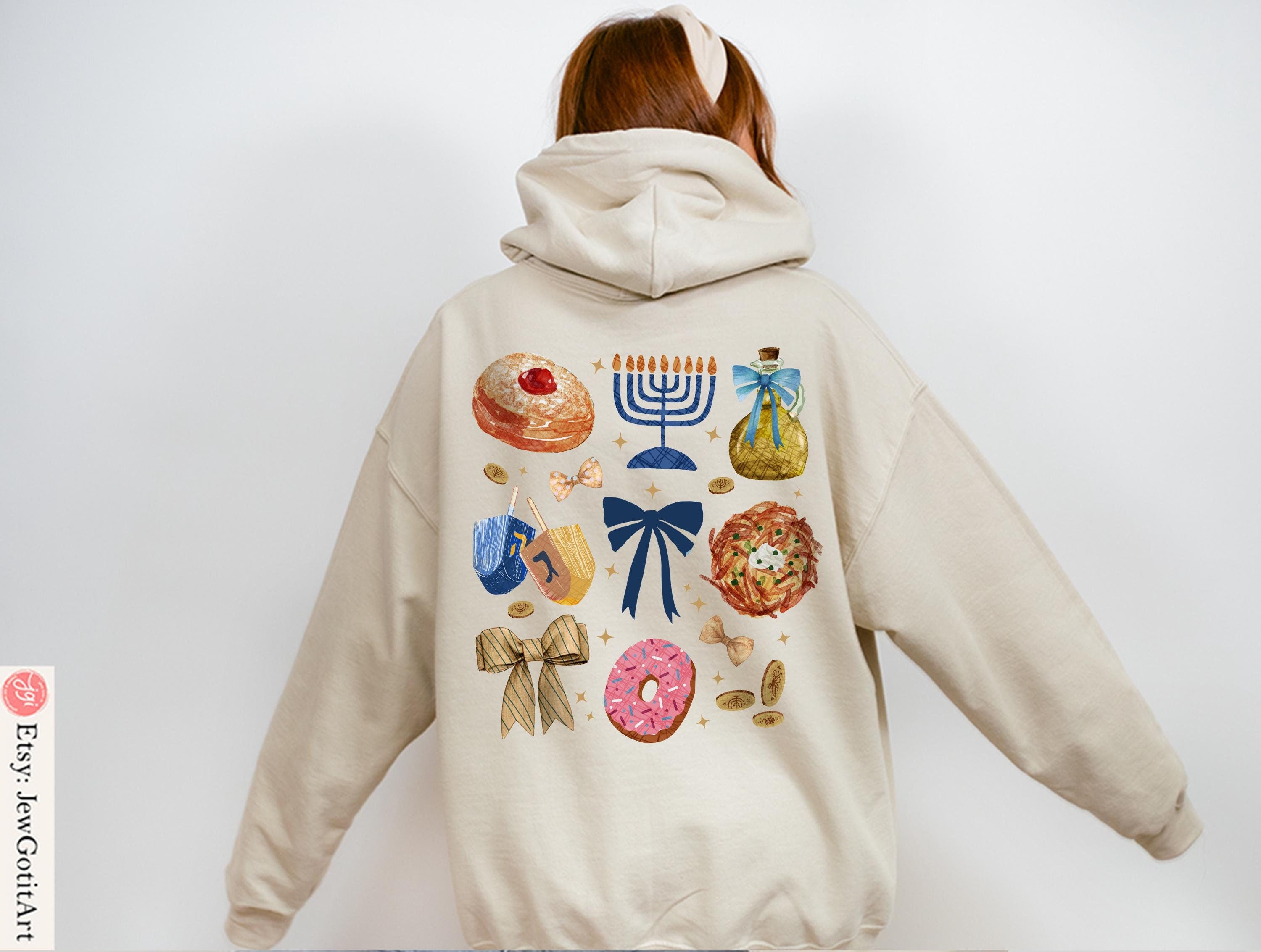 Menorah Hanukkah Hoodie Unisex Jewish Gift - Coquette Bows Sweatshirt T-Shirt by Israeli Artist - Chanukah חנוכה Latke Hooded Sweatshirt
