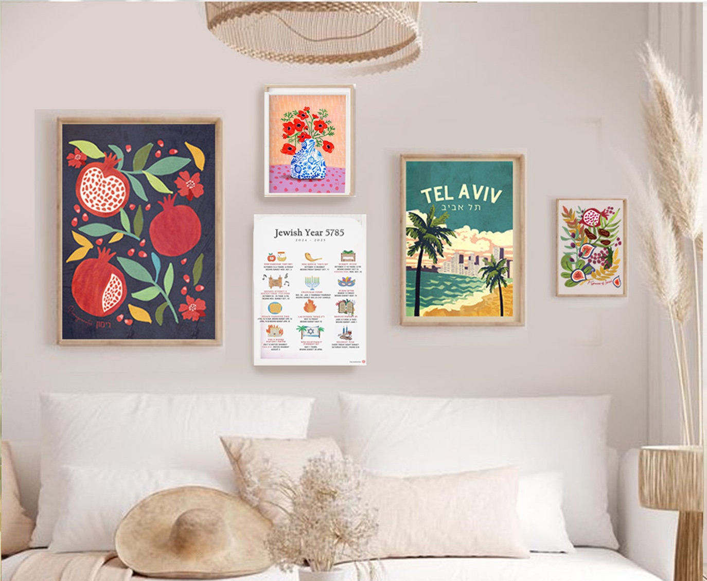 Framed Jewish Calendar Year 5786 Poster Art illustrations 2025 2026 Wall Art Poster matte Calendar Planner Holidays Gifts Rosh Hashanah gift