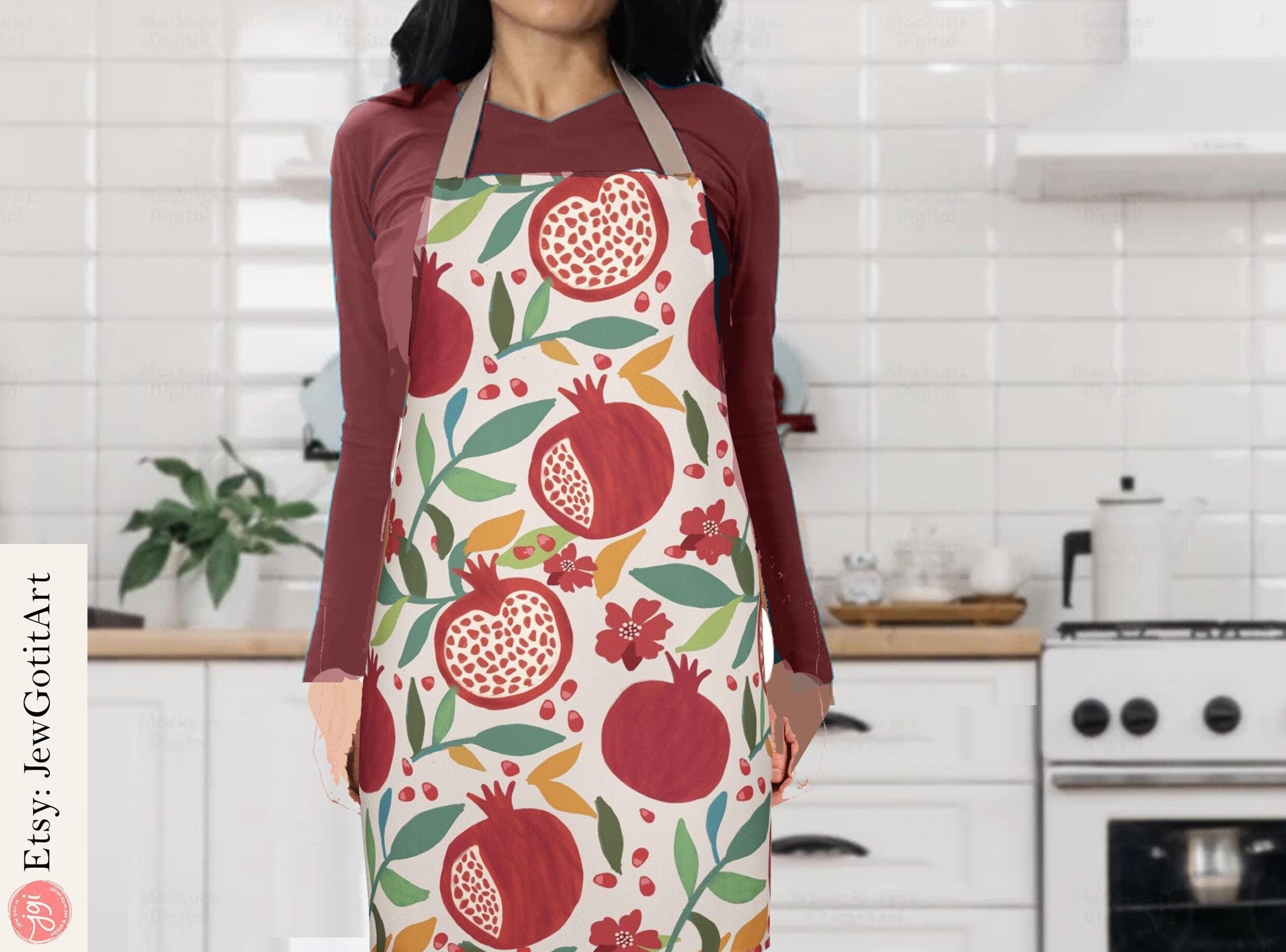 Pomegranate Apron, Rosh Hashanah kitchen jewish gifts israel art israeli Kitchen Gifts fruit art kitchen decor apron for women Fruit pattern