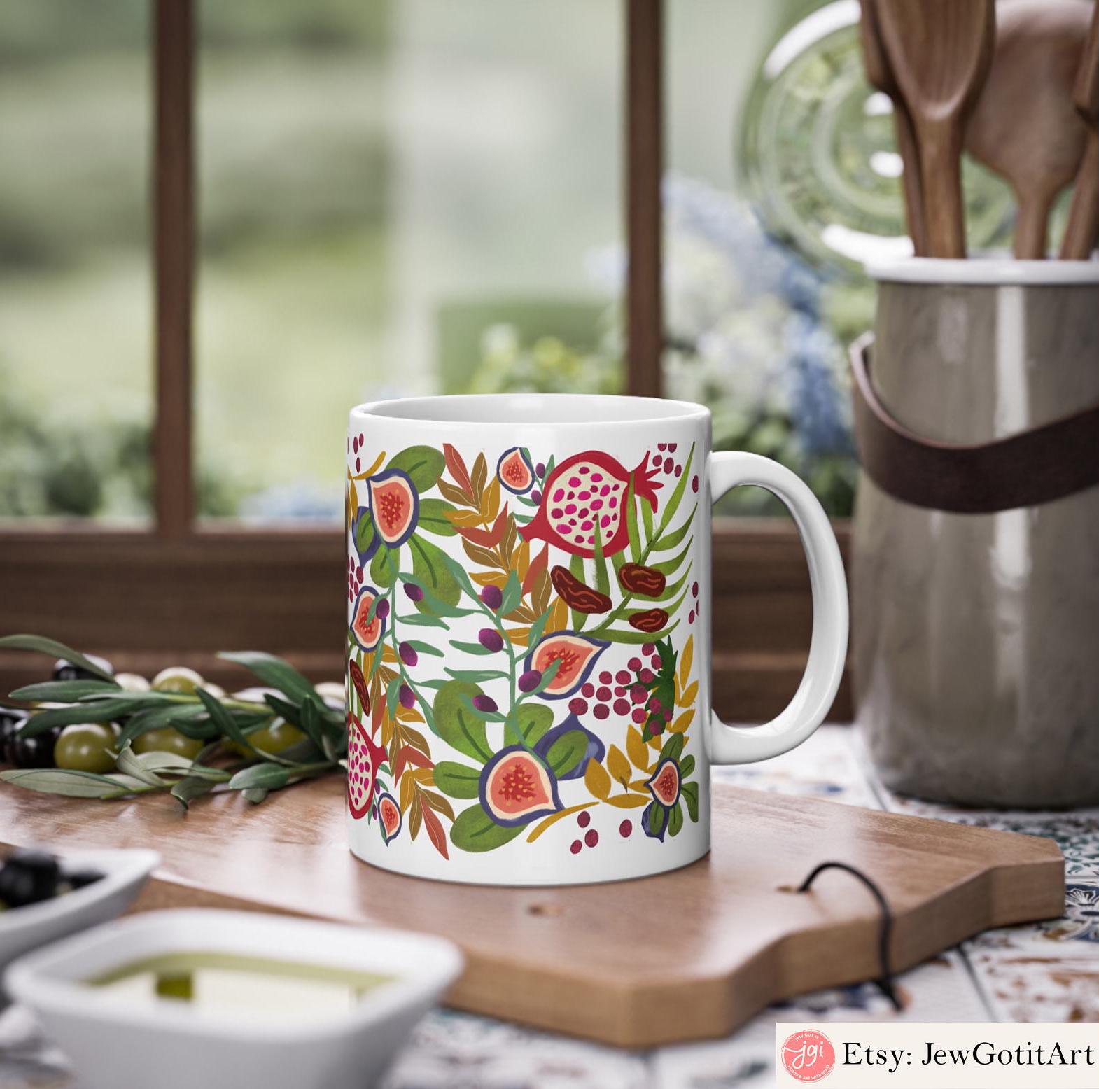 7 Fruits of Israel Ceramic Mug 11oz 15oz Coffee Tea Perfect Jewish Gift Coffee cup Fruit Art Am Yisrael Chai Israeli Artist Hanukkah Gift