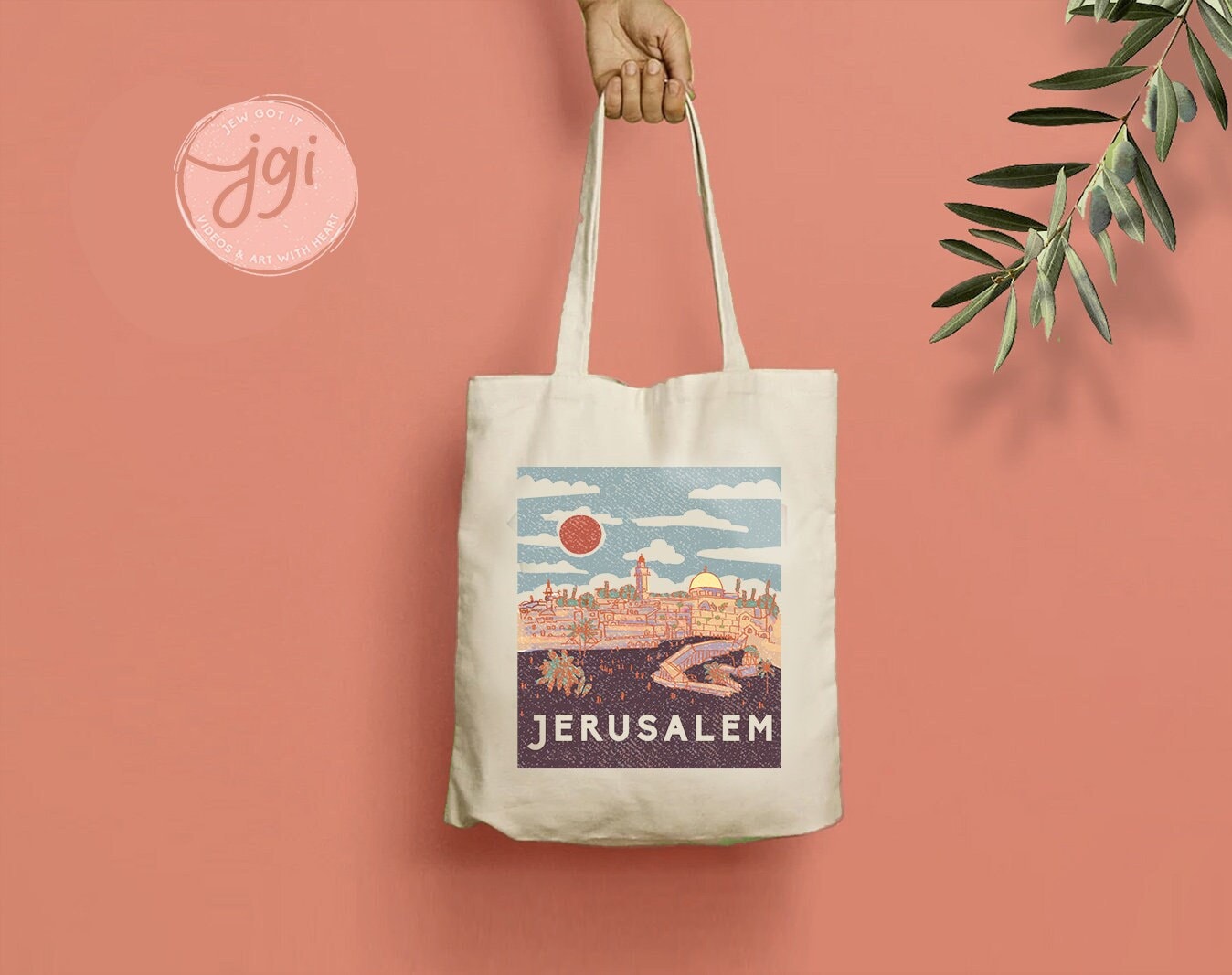 Vintage Jerusalem Tote Bag Hand drawn | Hebrew Jewish gift | Art bag, graphic bag, woman gift shopping everyday bag, shabbos, shabbat