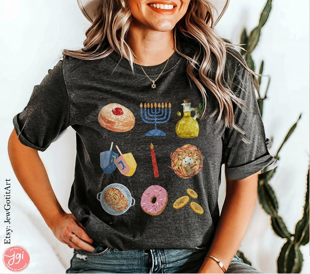 Hanukkah Tshirt unisex Latke Menorah Donut Shirt woman, man shirt, jewish gift, Israel, Design Jewish Shirt Chanukah Israeli Artist Holiday