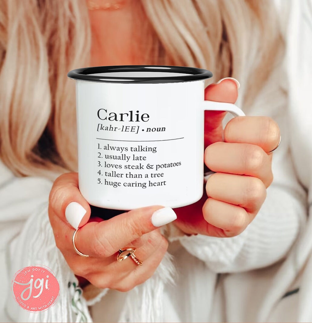 Personalised Name, dictionary word fun, Enamel Camping Mug, Gifts Ideas For Camper van Metal Insulating Hot Cold Outside, Mug, gift, gifts