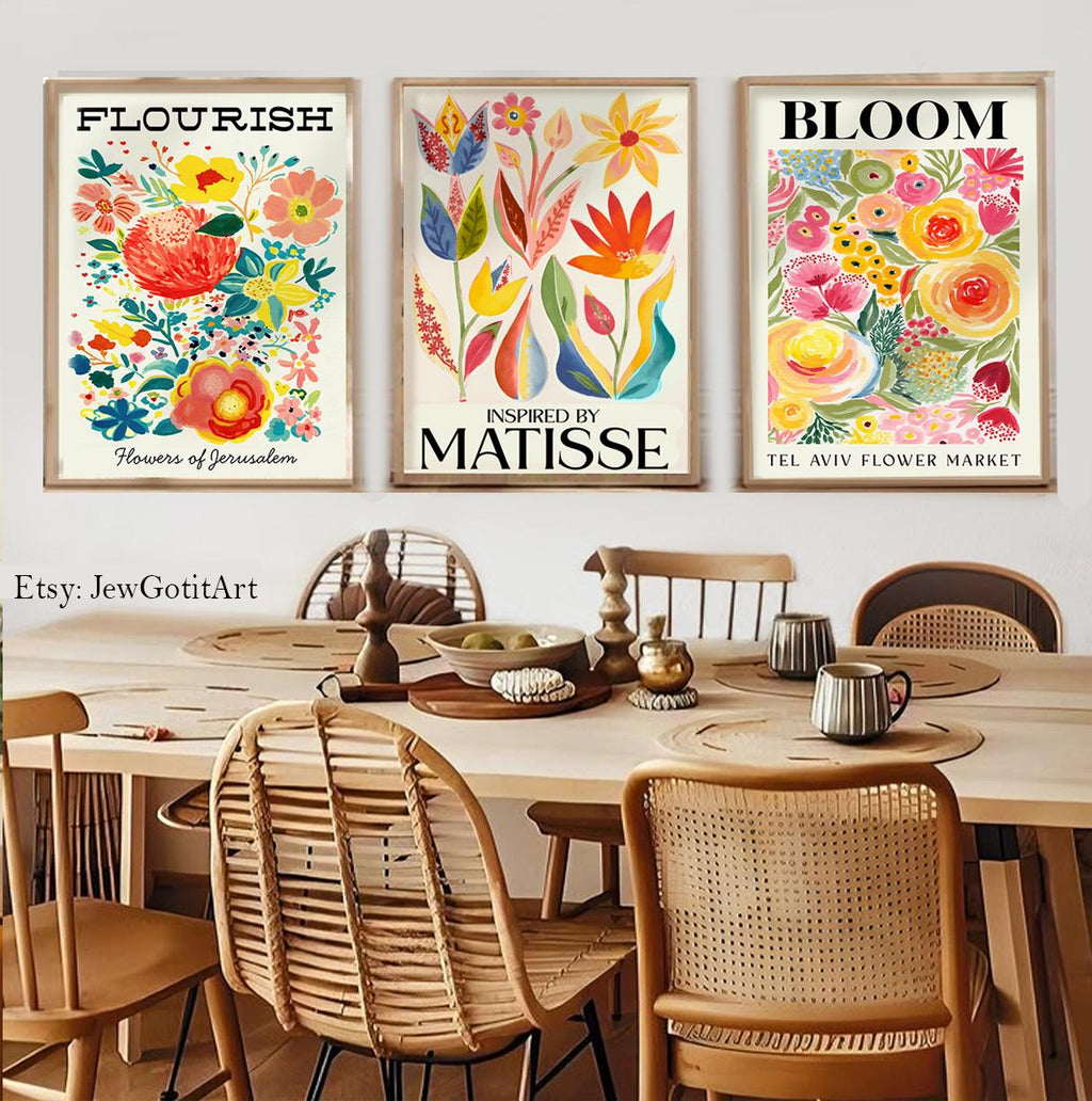 Flower Market Wall Art Set of 3 Am Yisrael Chai Prints Jewish Gift | Israel Judaica Poster Framed Floral Home Decor Flower Art Jerusalem