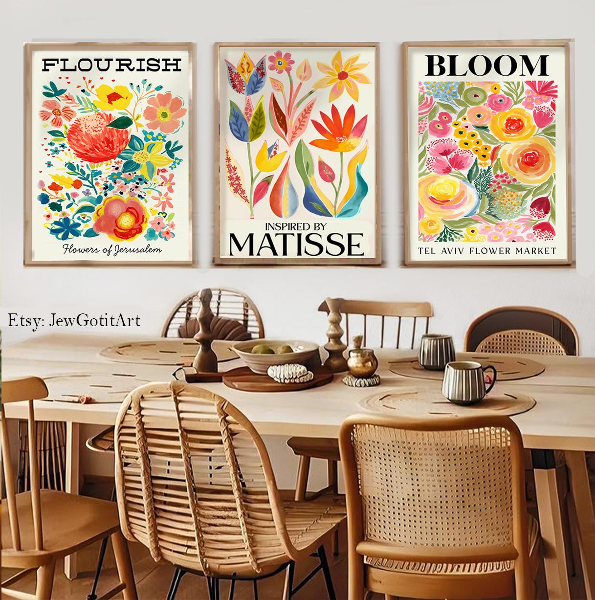 Flower Market Wall Art Set of 3 Am Yisrael Chai Prints Jewish Gift | Israel Judaica Poster Framed Floral Home Decor Flower Art Jerusalem