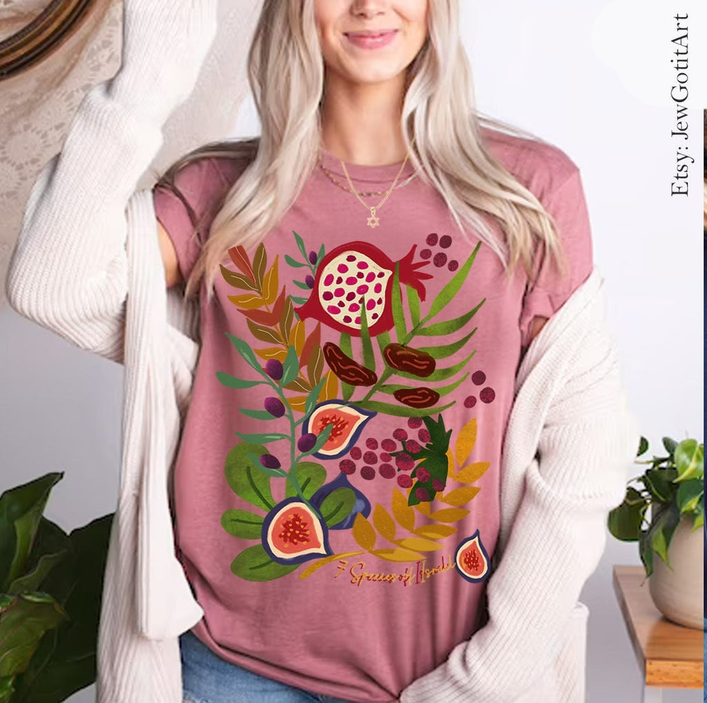 Fruits & Produce of Israel, 7 species Israel, fruit, shirt woman, man shirt, jewish gift, Israel, Design Graphic Shirt, Gift for her, shirt