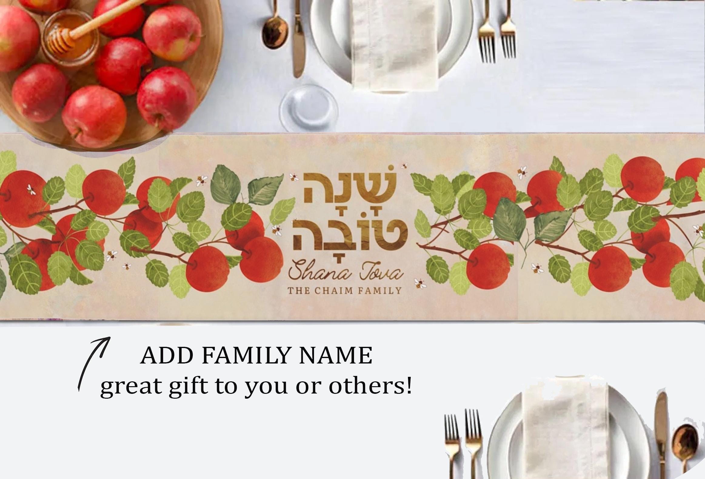 Personalized Shana tova Apple & Bees Table Runner Honey Jewish gifts holiday Israel Rosh Hashanah jewish gift Israel dinner table custom