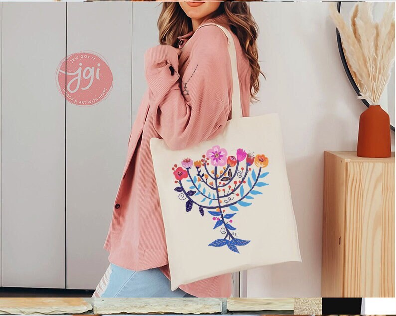 Hanukkah Flower Menorah Tote bag, canvas bag, Israel, bag, cotton bag, jewish gift, everyday bag, shopping bag, jewish gift, Hanukkah gift