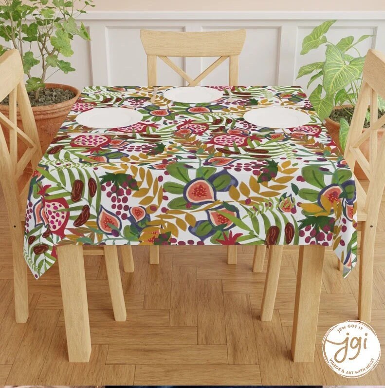 7 Species Israel Tablecloth Indoor/Outdoor Cotton or Polyester Fruit Israeli Artist Home Decor Shabbat Fruit art Hanukkah Gifts Pomegranate