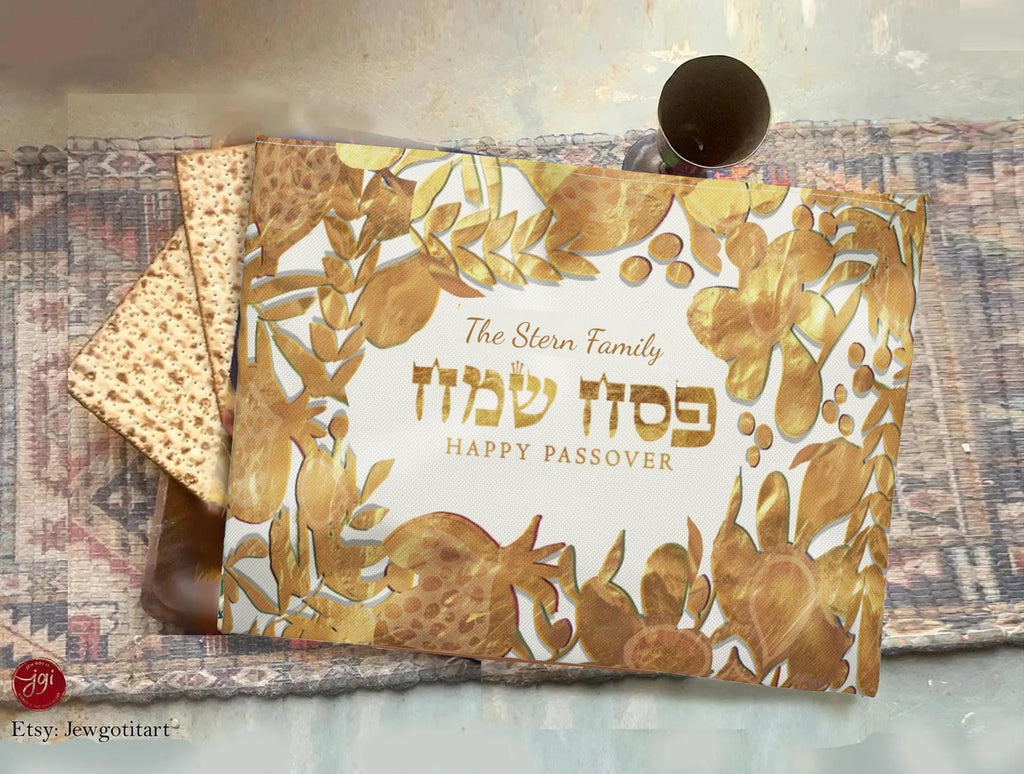 Personalized Passover Table Runner Matzah Cover Set Afikomen Set Passover 7 Species Israel Jewish Holiday Decor Custom Gift Matzah Afikomen