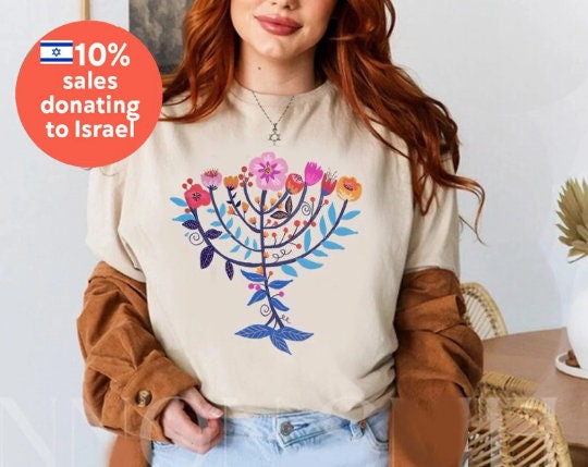 Hanukkah Flower Menorah Shirt, Unisex Heavy Cotton Tee, Hanukkah, hanukkah gifts, Jewish gift, Israel art chanukah woman shirt flower tshirt