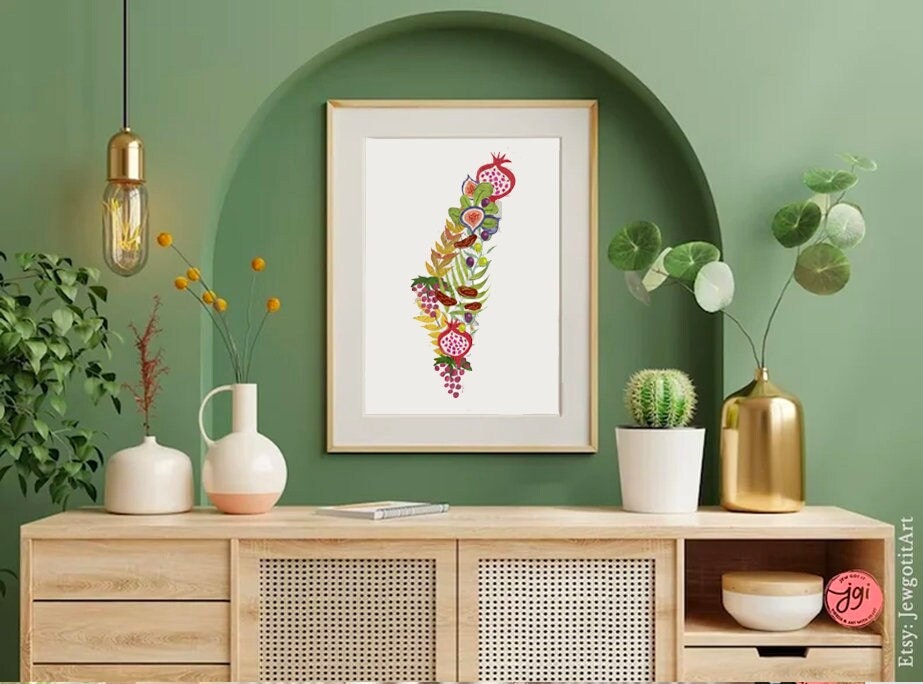 7 Species Israel Wall Art State of Israel Shape Poster Print Jewish Israel art Jewish gift Hand drawn art fruit shirt Israel poster, prints