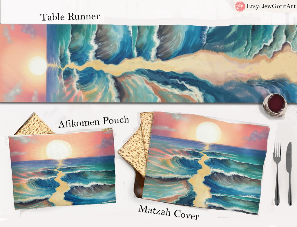 Passover Table Runner Splitting of the Sea Set & Afikomen Matzah Cover Set Israel Jewish Art Gift Pesach Table Decor Seder Table Red Sea Art