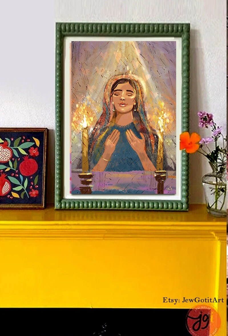 Lighting Shabbat Candles Painting Wall Art Praying Israeli Artist Israel Jewish Art Matte Posters Gift Gift Passover Shabbos candle Jewish
