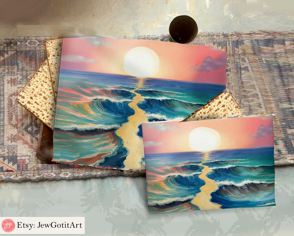 Passover Matzah Cover Splitting of the Sea Set & Afikomen Set Israel Table Runner Jewish Art Gift Pesach Table Decor Seder Table Red Sea Art