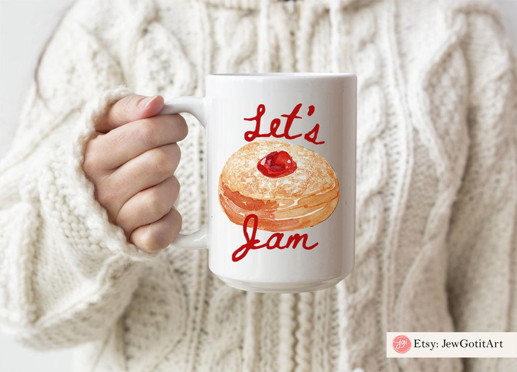 Hanukkah Donut Tote bag Canvas Mug 11oz 15oz Jelly Donut jewish art coffee Ceramic Israel jewish Hanukkah Gifts Israeli Artist Israel Art