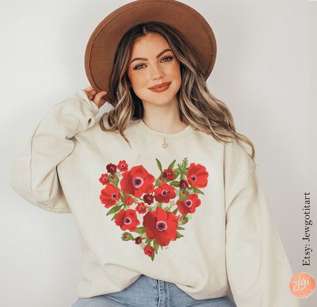 Israel Kalanit Heart Sweatshirt Red flowers flower sweater woman jewish gift Israeli Artist Sweater Gift for her Purim Hearts Jewish art