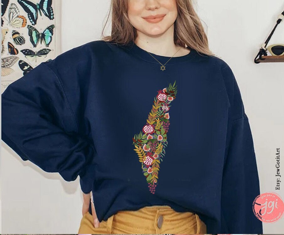 7 Fruits Israel Sweatshirt State Shape Produce Fruits 7 species fruit sweater woman jewish gift Israeli Artist Sweater Gift for her Purim