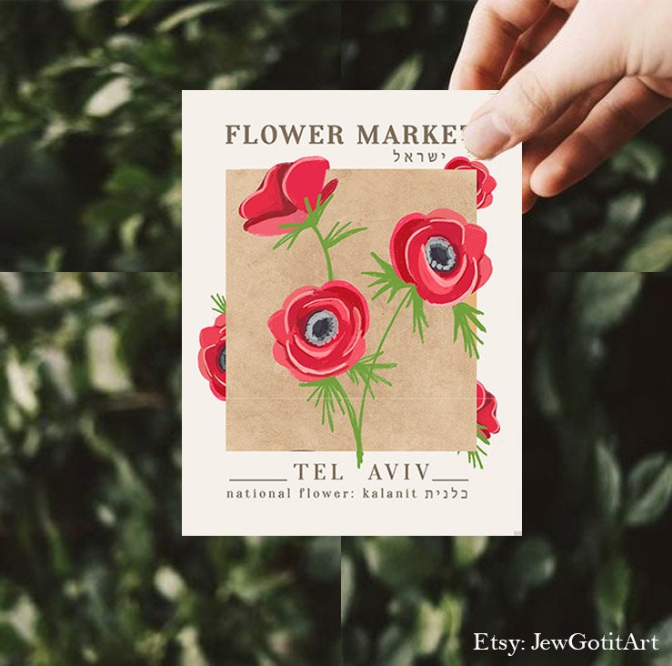Flower Market Greeting Card, Tel Aviv Israel Kalanit Flower, Shalom hello card, art Minimalist Israel Nation flower, Red flower, Jewish gift