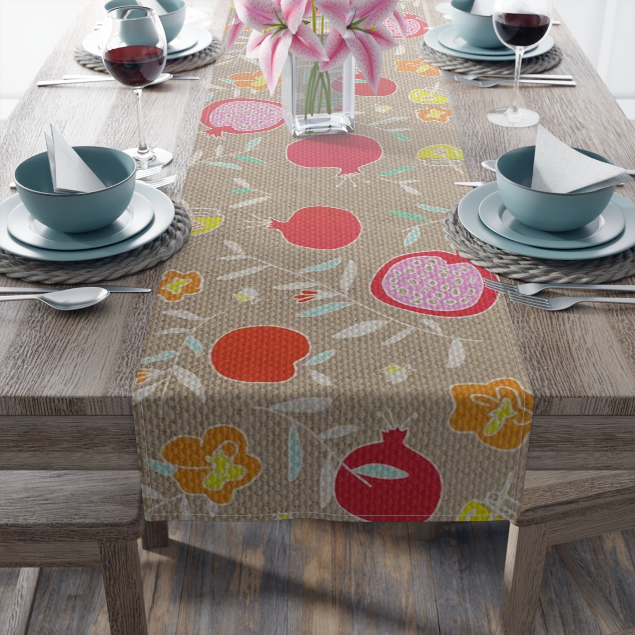Rosh Hashanah Table Runner, Jewish gift, Jewish holiday, Israel, pomegranates, apple honey, jewish gift, jewish art, shana tova, table decor