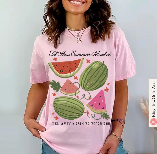 Watermelon Shirt Tel Aviv Market Am Yisrael Chai graphic tees tshirt jewish gift Israeli Artist Hashana Jewish Art Holiday Gifts Shana Tova