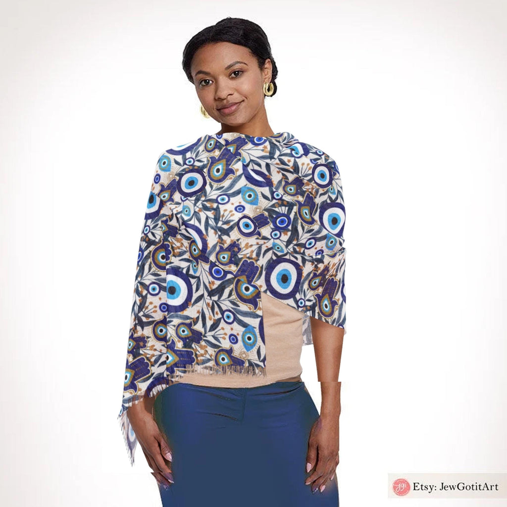Evil Eye Hamsa Scarf Light Headwrap Pattern Fabric Hair Covering Jewish Women’s Accessories Israeli Artist Design Am Yisrael Chai Eyes Art