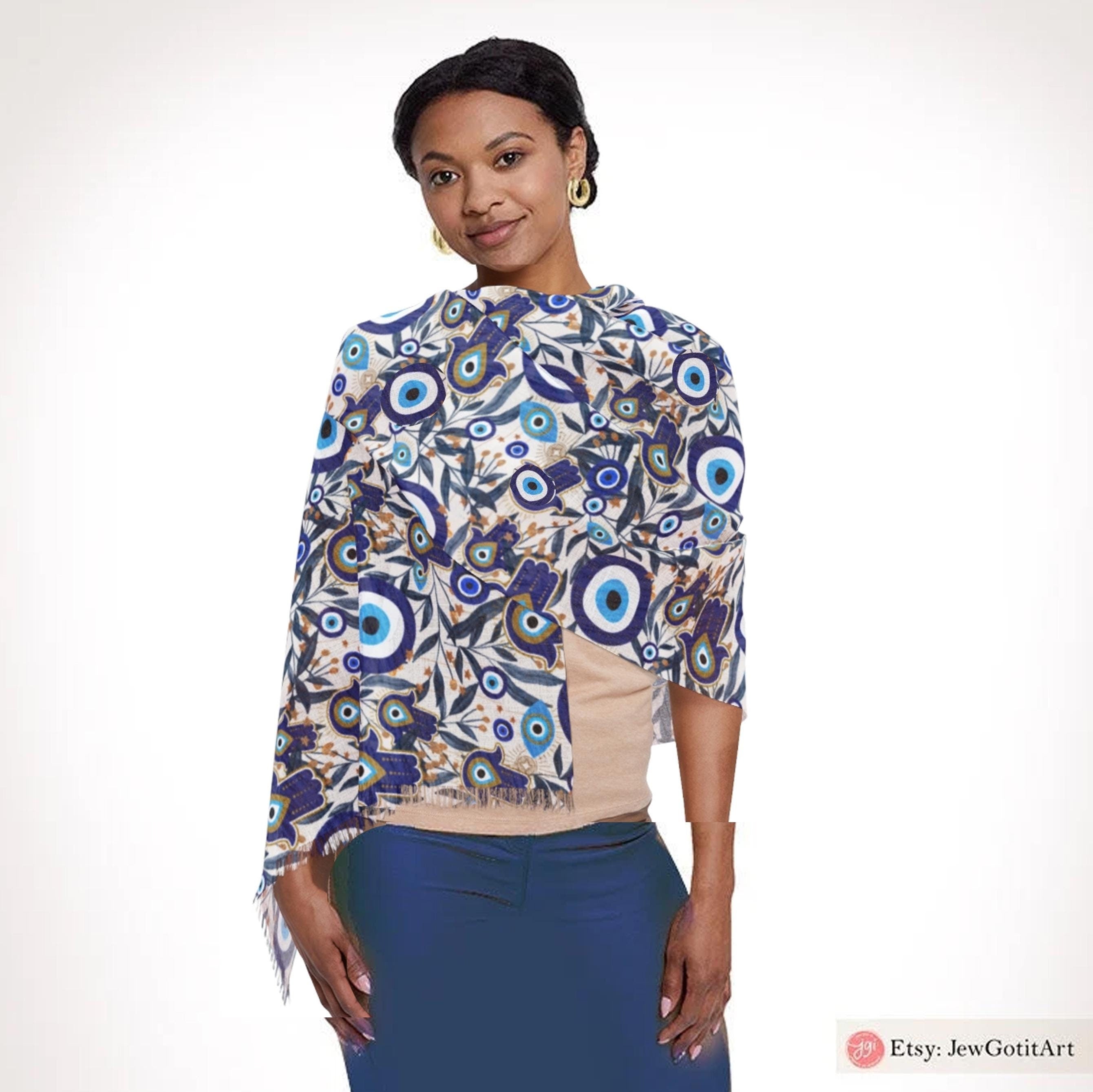 Evil Eye Hamsa Scarf Light Headwrap Pattern Fabric Hair Covering Jewish Women’s Accessories Israeli Artist Design Am Yisrael Chai Eyes Art