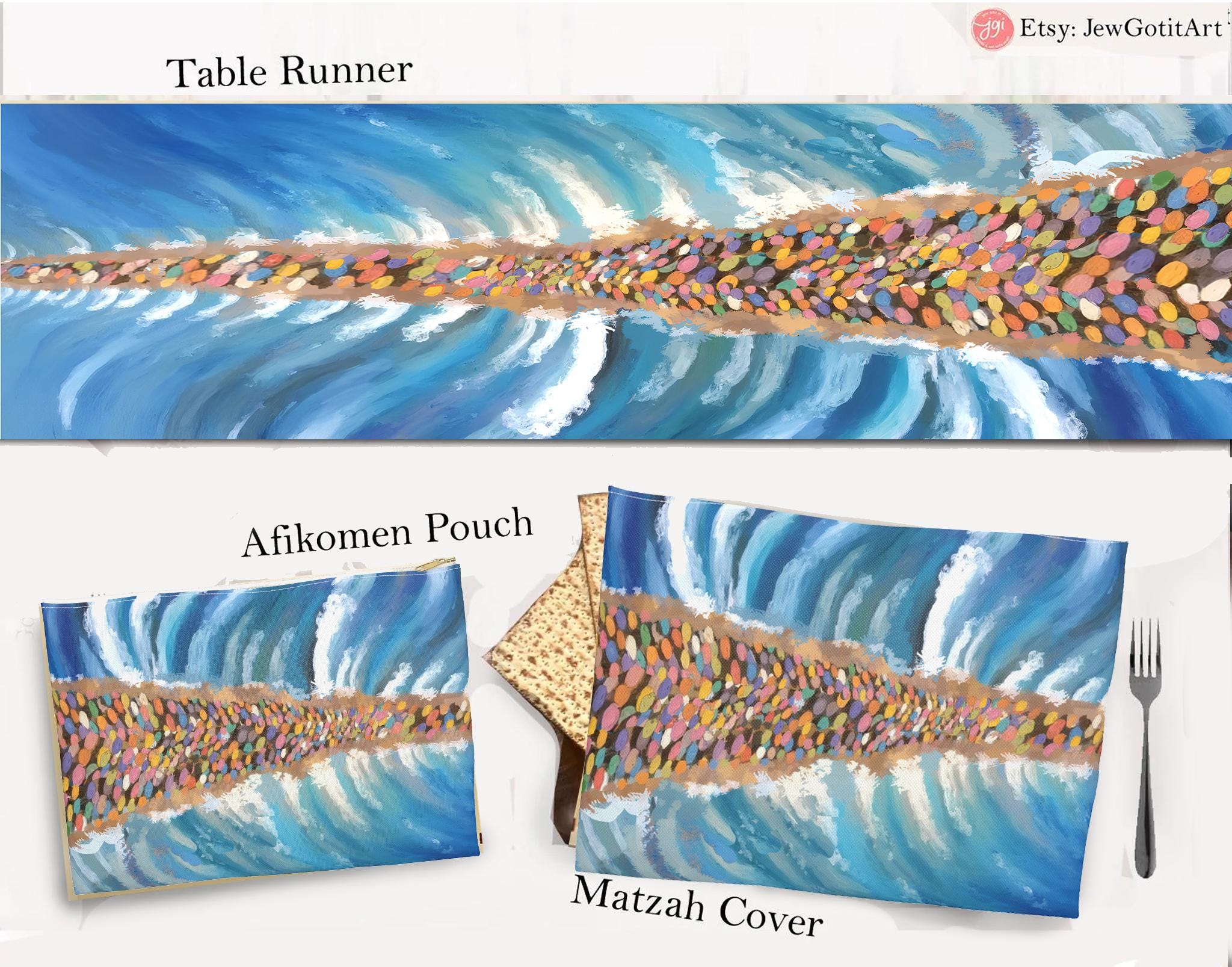 Passover Splitting of the Sea Tablecloth Indoor/Outdoor Cotton Israeli Artist Home Decor Shabbat Table Setting Unique Passover Decoration