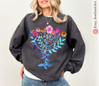 Hanukkah Menorah Sweater T-Shirt Unisex Floral Art Sweatshirt | Jewish Gift from Israeli Artist Israel Jewish Shirt Chanukah Israeli Artist