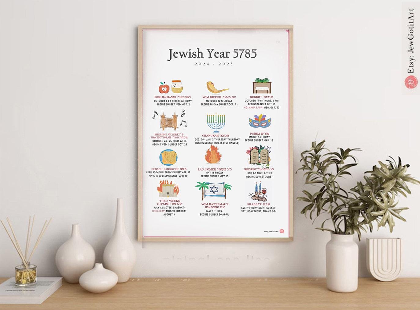 Jewish Calendar 5786 Download Printable, Art, illustrations, Year 2025 2026 Digital, Hebrew Calendar Planner, Jewish Holidays, Wall Decor