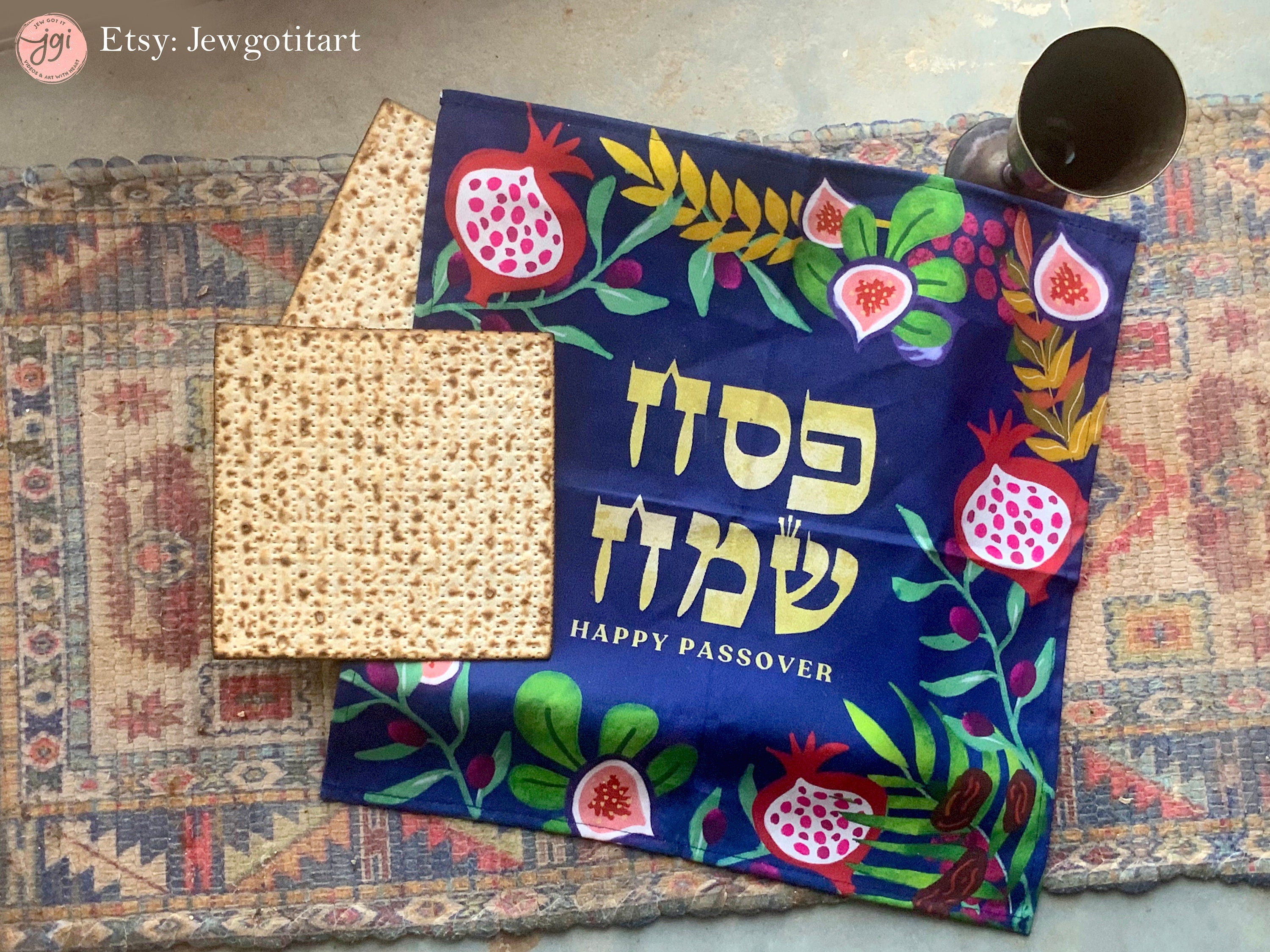Matzah Set Cover, Afikomen Bag for Pesach Passover 7 Species of Art Israeli Jewish Holiday Decor by Israeli Artist Theme Seder Plate Matza