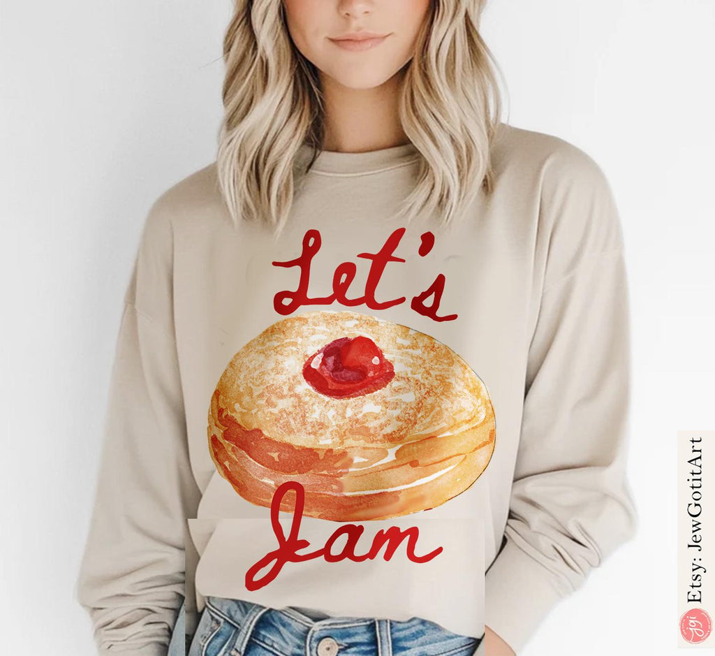 Let's Jam Hanukkah Donut Shirt - Unisex Jelly Donut Long Sleeve, Jewish Gift, Chanukah Shirt, Israeli Artist, Holiday Shirt for Men & Women