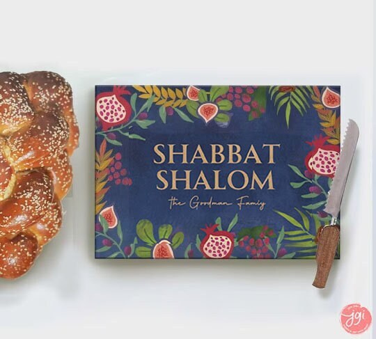 Personalized Challah Cutting Board Shabbat Shalom Glass 7 Species of Israel Hand drawn art jewish gift Israeli artist Israeli shabbos gifts