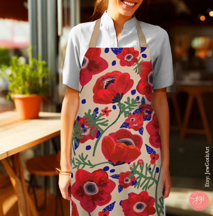Israel Kalanit Flower Apron, kitchen jewish gifts israel art israeli, flowers gifts fruit art kitchen decor apron for women pattern Purim