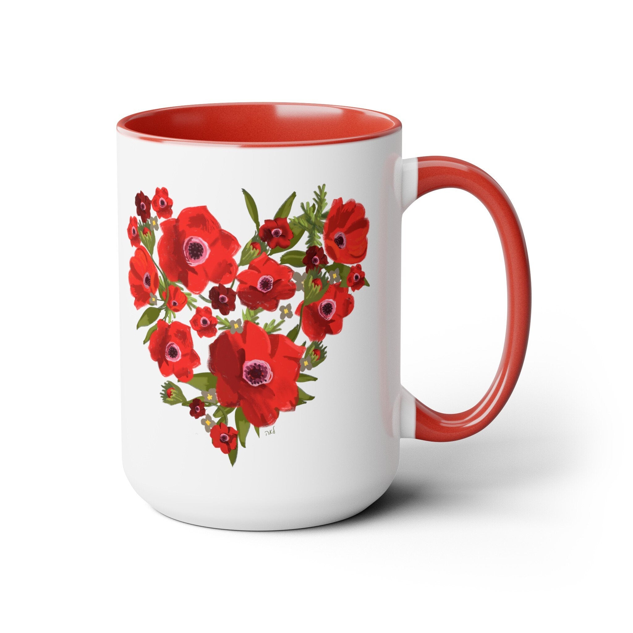 Kalanit Heart Flower of Israel Mug, Kalanit tea cup coffee Ceramic Mug 11oz 15oz mug Jewish gift israeli Artist Red flowers Israeli Artist
