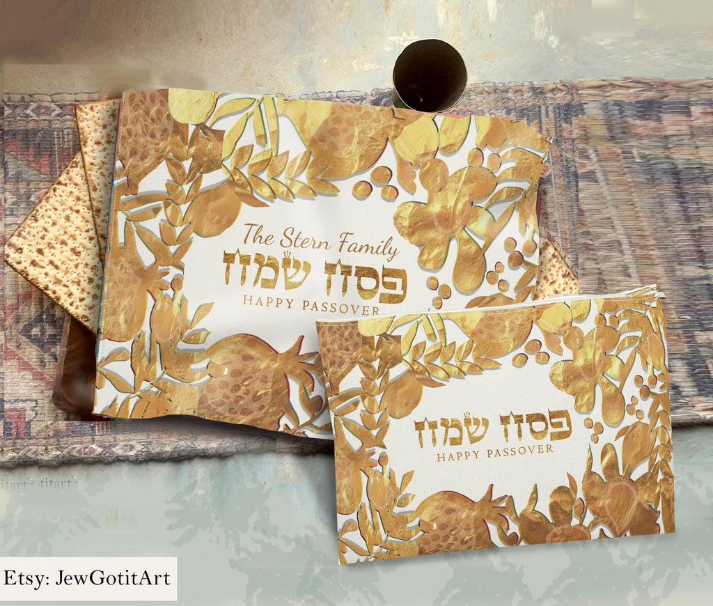 Personalized Matzah Cover Set Afikomen Set Passover 7 Species Israel Table Runner Jewish Holiday Decor Custom Passover Gift Matzah Afikomen